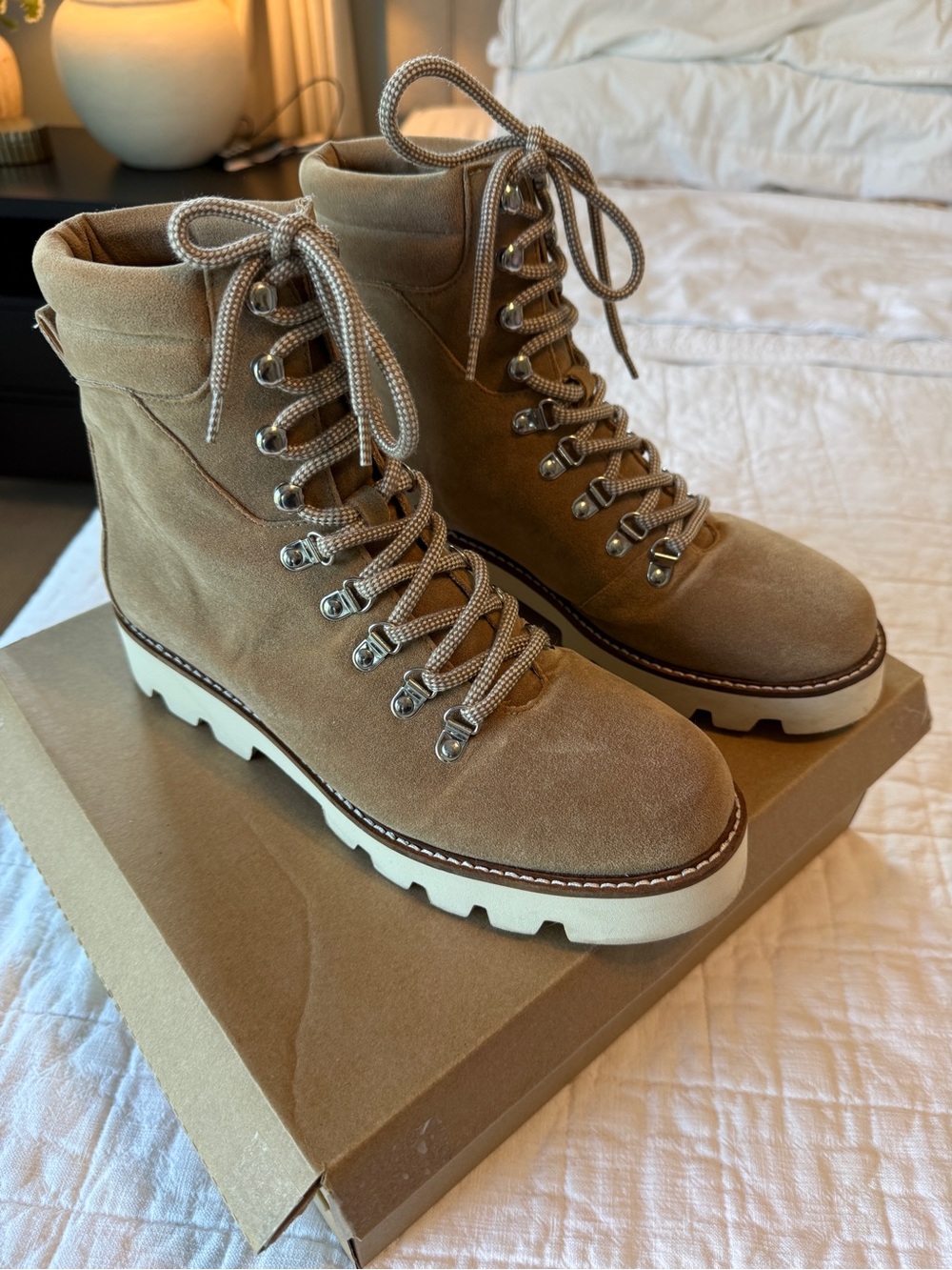 Suede Lace-Up Ankle Booties in Tan